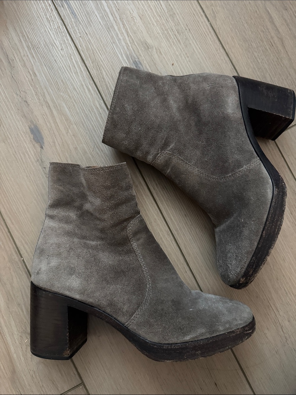 Frye Taupe Suede Block Heel Ankle Boots